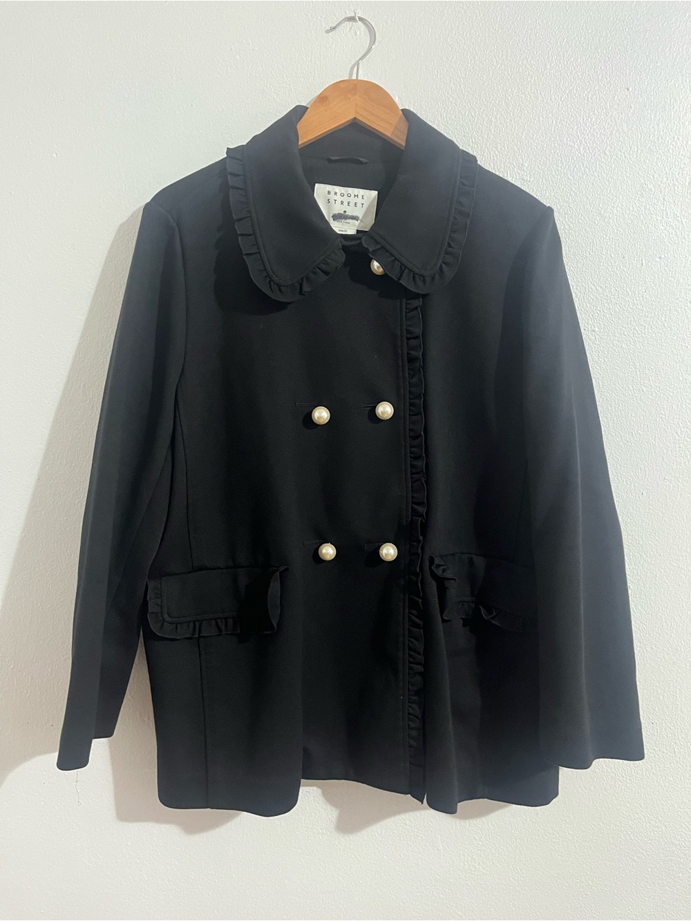 kate spade Black Double-Breasted Pea Coat with Pearl Buttons